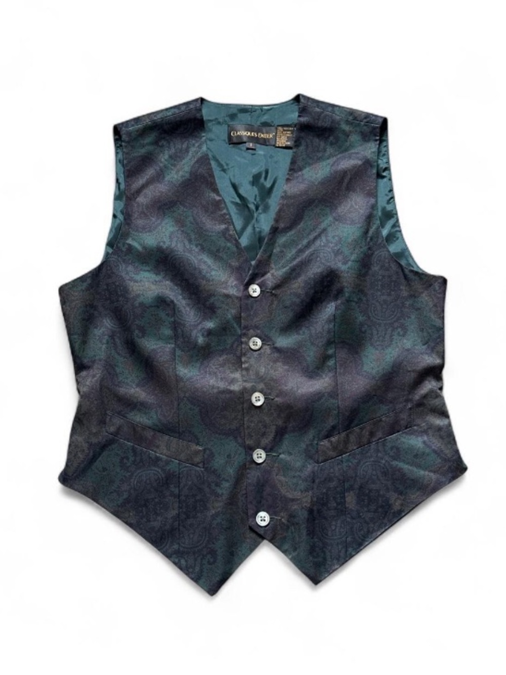 Classiques Entier Silk Teal and Black Paisley Vest Unisex Layering Size Small